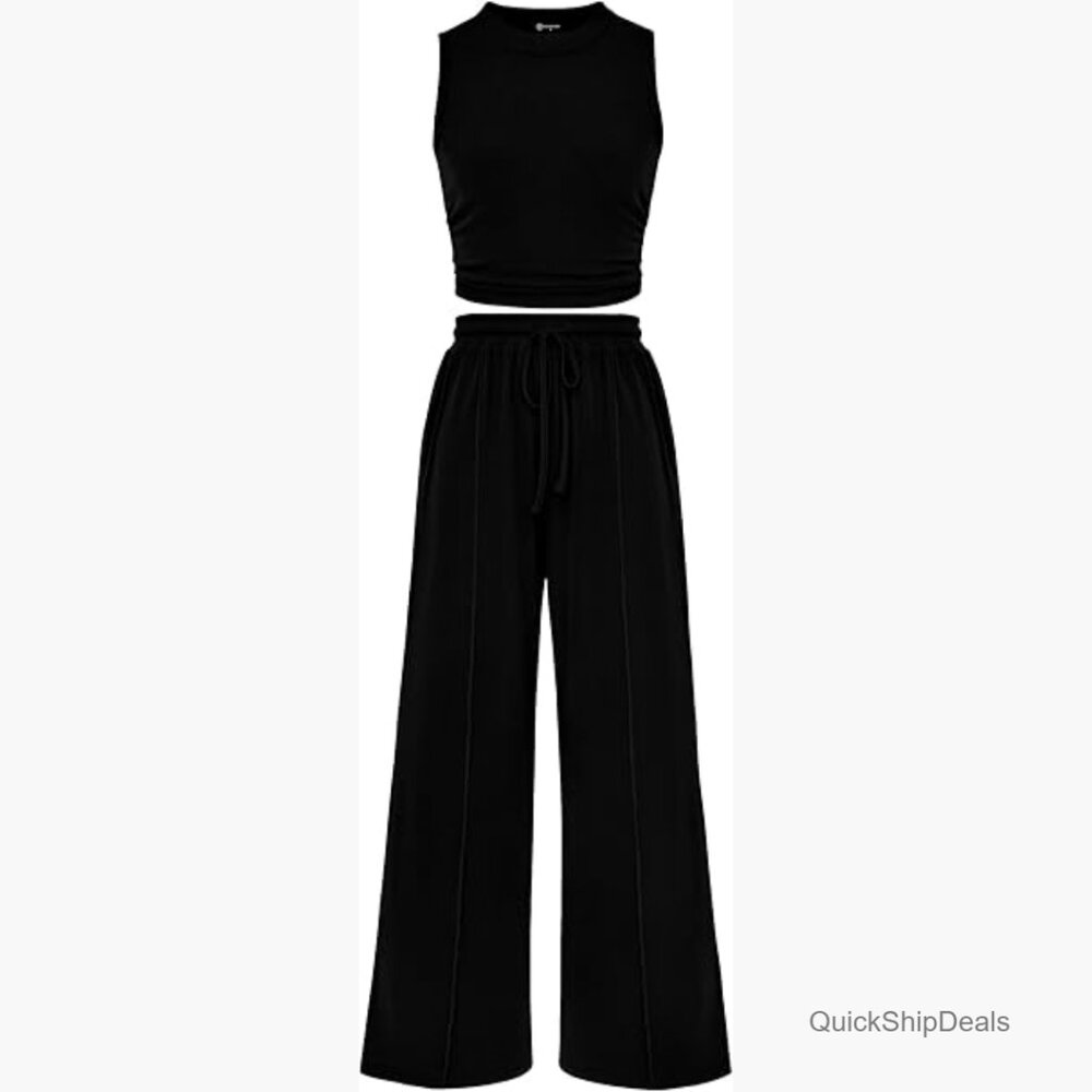 Ribbed Knit Sleeveless Lounge Set with Pockets